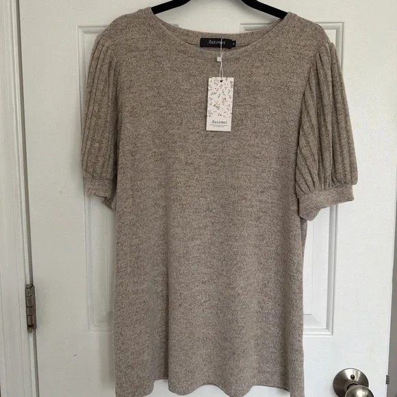 Crew Neck Puff Sleeve Sweater Top in Taupe - Picture 2 of 7